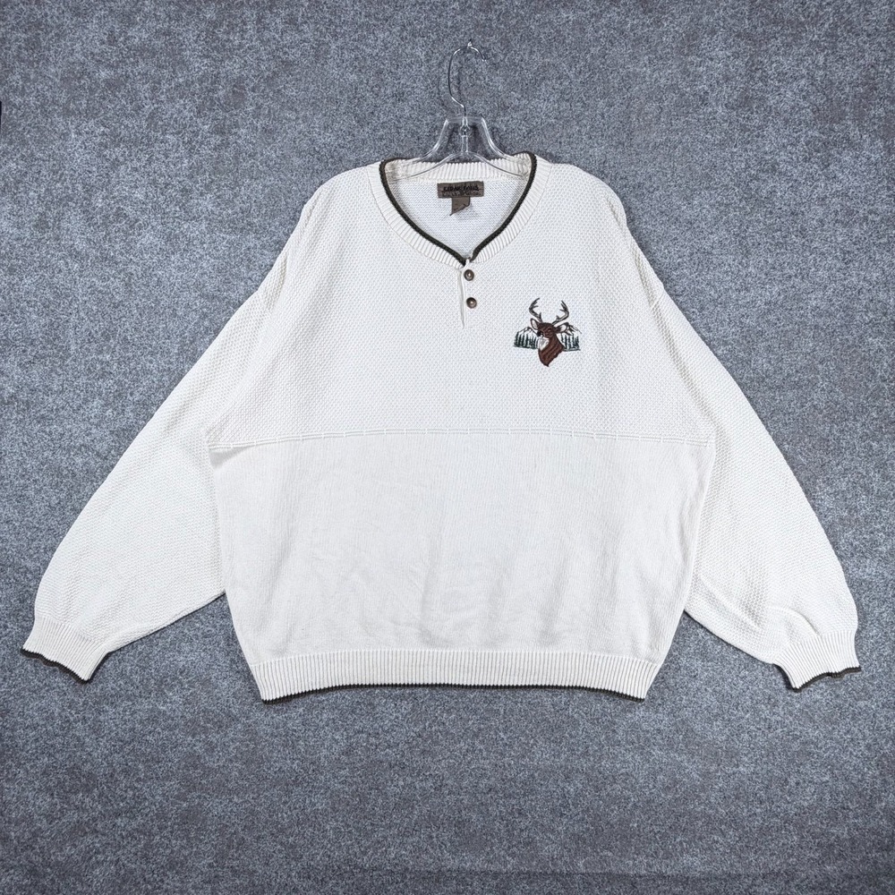 Cedar Falls Henley Sweater Mens 2XL White Cotton Deer Embroidery Ribbed‎ Trim